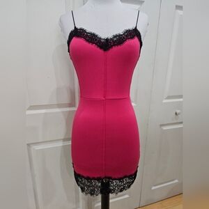 Love Culture Sexy Party Club Hot Pink & Black Lace Bodycon Mini Slip Dress XS S